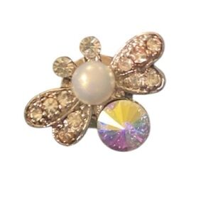 Butterfly Figural mini tie pin faux pearl clear crystals silver tone 1/2 inch